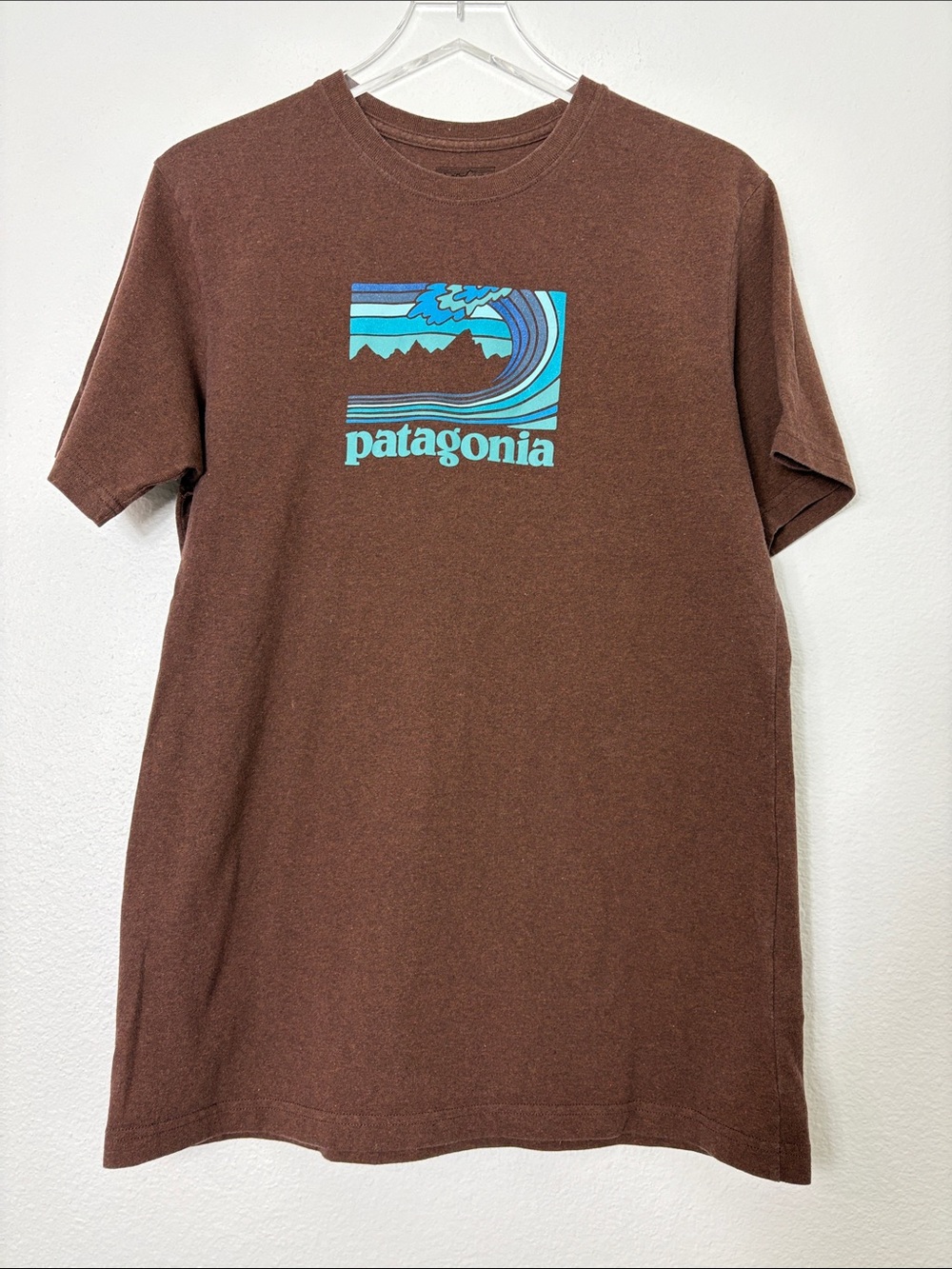 Patagonia Brown Tee with Blue Turquoise Wave Logo